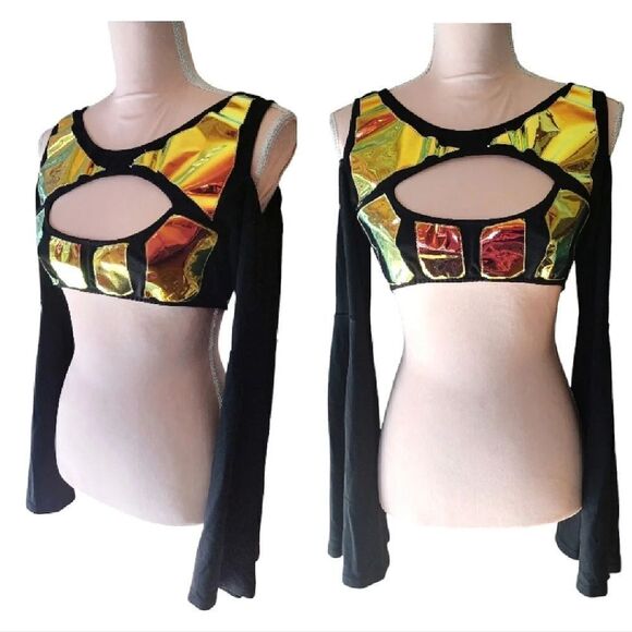Club EXX Black Holographic Cold Shoulder Bell Sleeves Rave Crop Top Large - Picture 1 of 16